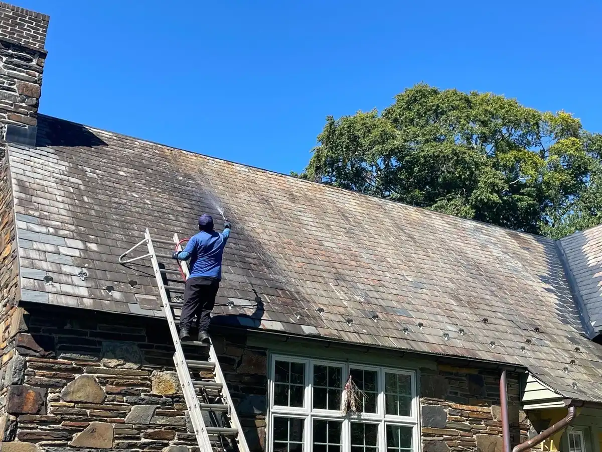 Crew member on a ladder spraying a soft-wash solution onto a slate roof