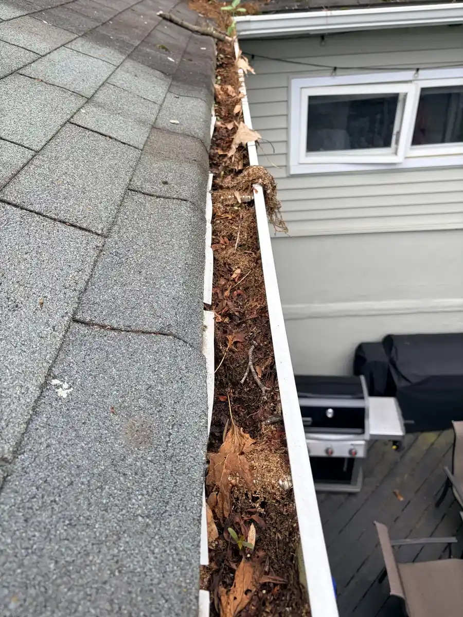 Gutter with oak leaves and debris along a roof edge above a deck